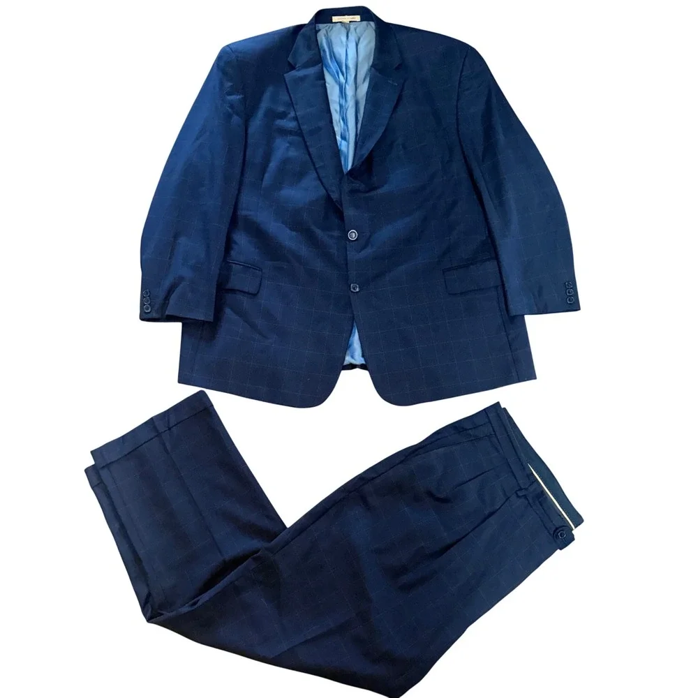 Giorgio Cosani Mens Navy Wool Cashmere Suit Blazer 52R Pants 46x31 Windowpane